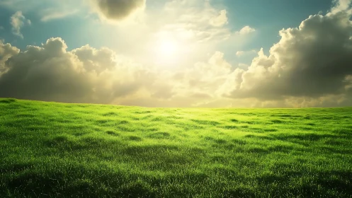Sunlit grassy field stretches under dense cloud cover