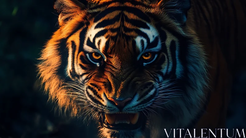 Tiger head close-up in low light with focused forward gaze.