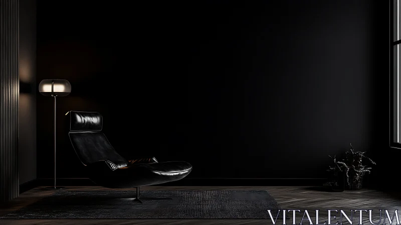 Low key minimalist lounge scene renders controlled chiaroscuro lighting