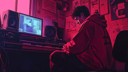 Young music producer crafts beats in neon-lit studio