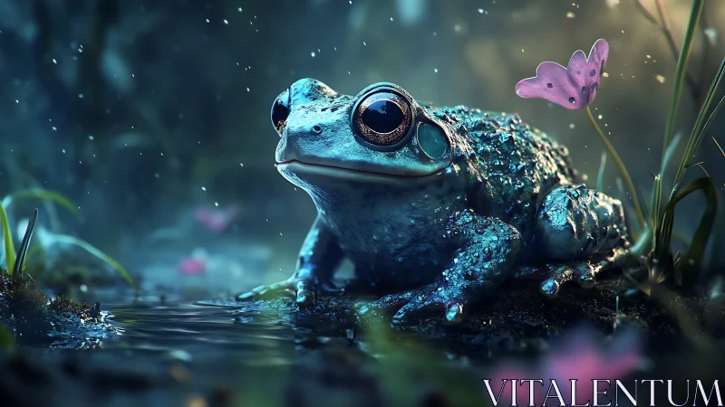 Iridescent blue frog resting beside a glowing forest pool.