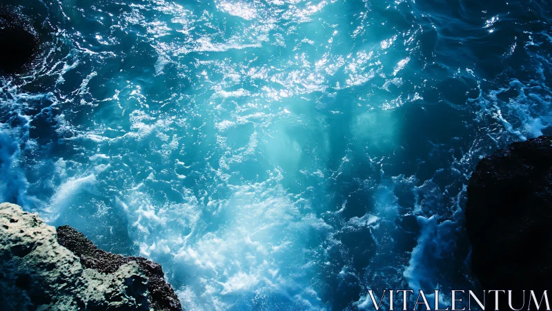 High-contrast coastal surf with luminous cyan water surface.