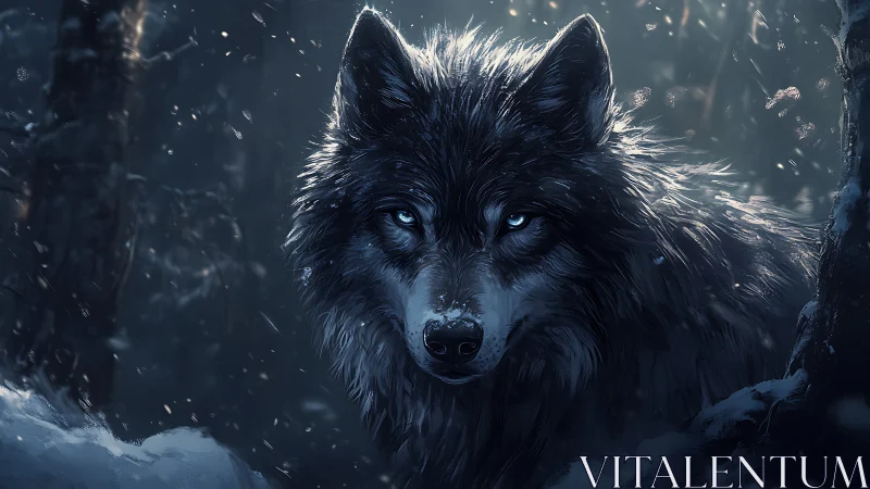 Moonlit blue-eyed wolf watching quietly through snowfall.