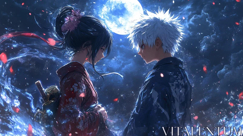 Moonlit samurai couple in swirling blue night sky.