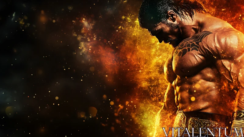 Muscular male fighter in fiery abstract background artwork.