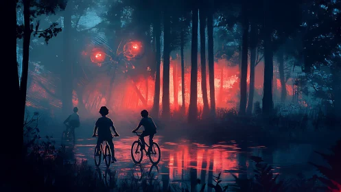 Kids on bikes facing glowing monster eyes in dark forest.