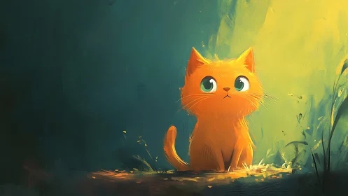 Orange cat with green eyes in luminous environment.