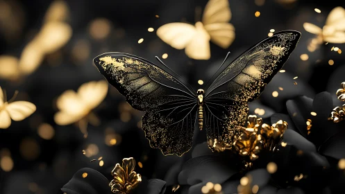 Black and gold butterfly swarm over abstract floral field.