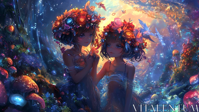 Twin forest sprites crowned with glowing floral halos.