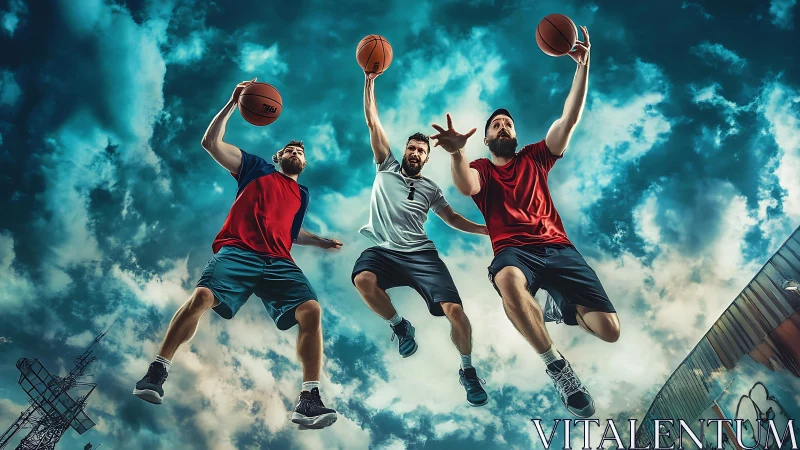 Skyward streetball trio carves heroic arcs through clouds