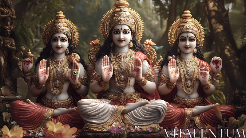 Radiant trinity of serene goddesses in a lush forest temple.