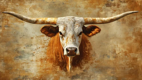 Longhorn guardian stares down the dust of the painted prairie.