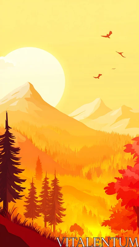 Sun-drenched autumn peaks blaze above glowing forest valley.