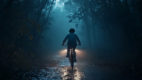 Lone Cyclist Ventures Through a Mystical Moonlit Forest Trail