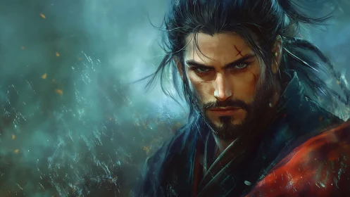 Battle worn samurai warrior with intense focused stare.