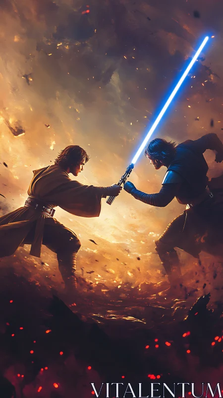 Duelers with energy swords in molten battlefield haze.