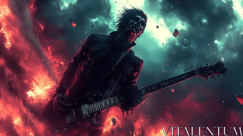 Fierce cosmic guitarist unleashes thunder in a burning sky