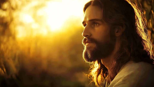 Bearded man in golden sunset light gazes into distance.