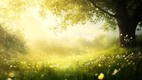 Sunlit meadow slopes beneath leafy tree in soft morning haze