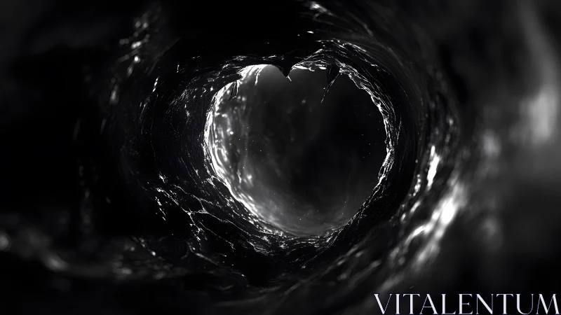Abstract black tunnel with heart-shaped light, surreal digital art.