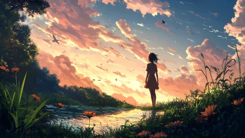 Silhouette of a girl stands by a stream under a clouded sky