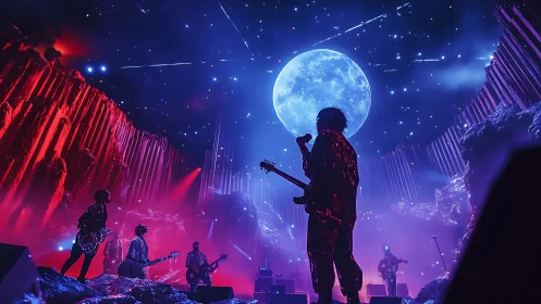 Rock band performs under colossal moon on neon stage
