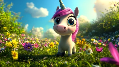 Bright-eyed baby unicorn enjoys a sunny flower meadow