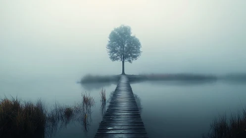 Solitary lakeside tree framed by mist and narrow wooden pier.