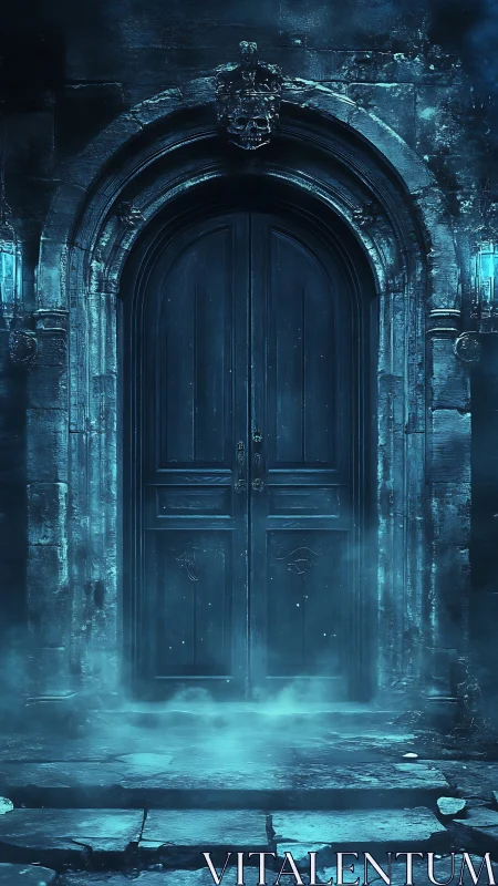 Ancient arched door shrouded in eerie blue mist at night.