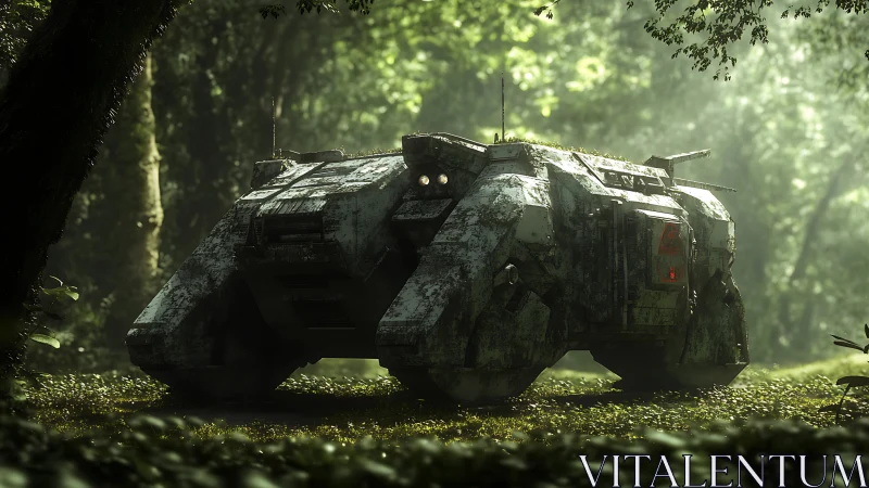 Armored sci fi vehicle resting in dense green jungle