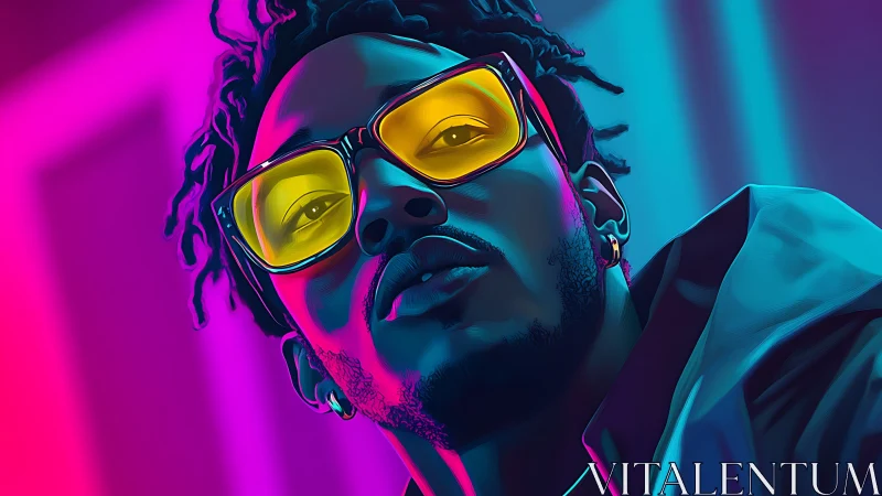 Neon-lit digital portrait renders reflective yellow-lens glasses