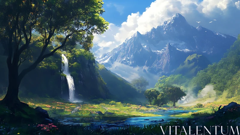 Sunlit valley and waterfall rest beneath towering peaks.