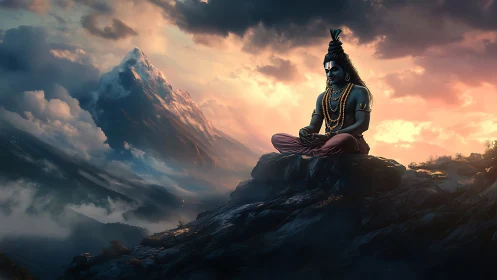 Meditating blue-skinned deity on mountain ridge at sunrise