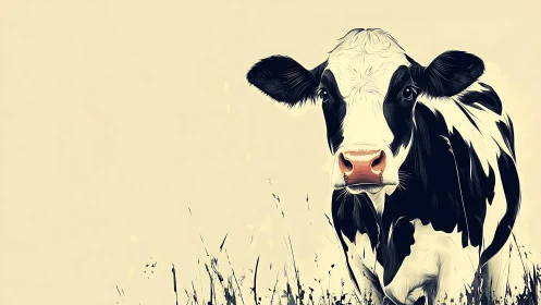 Vector-stylized Holstein cow portrait with minimal field context