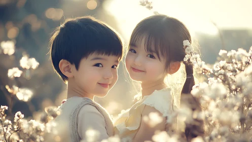 Two Children Among White Blossoms: Golden Hour Portrait Study