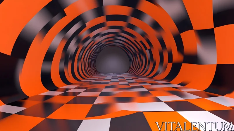 Abstract tunnel with orange and black checkered pattern, digital art.