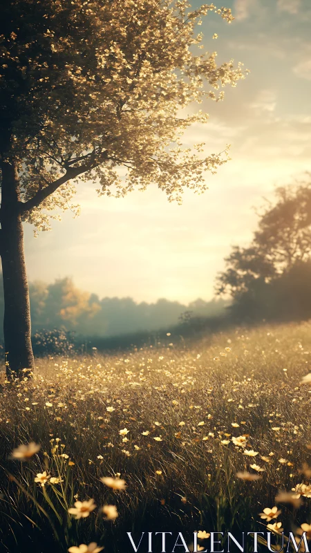 Golden meadow sunrise beneath luminous spring tree.