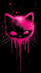 Neon pink graffiti cat face with dripping splatter paint.