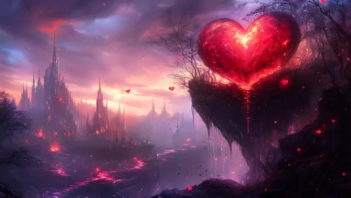 Luminescent Heart with Gothic Castle Landscape. Digital Composite.