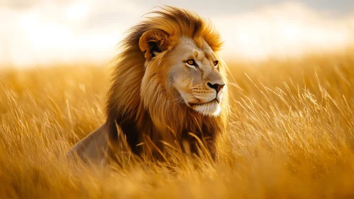 Sunlit male lion in golden savanna grassland profile study.