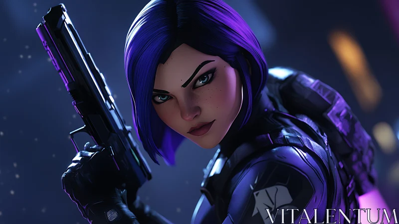 Tactical cybernetic operative aims pistol under neon rim lighting