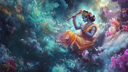 Divine blue figure playing flute amid nebular chromatic clouds