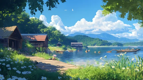 Lakeside wooden houses and boats under clear summer sky.