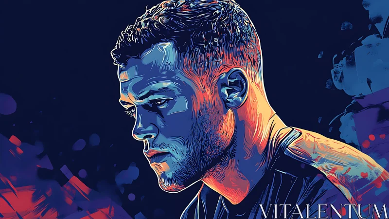 Brooding male portrait in bold neon blue and orange tones.