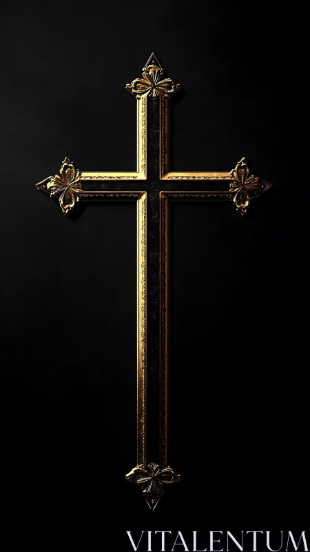 Gilded ornate Christian cross on black background.