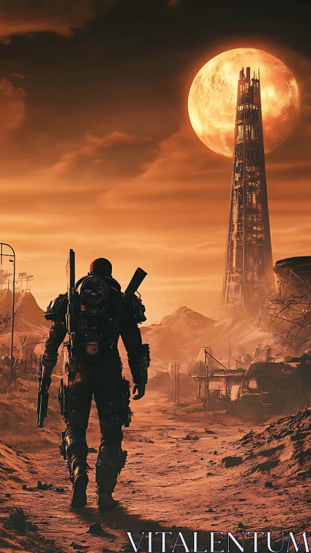 Lone wanderer crossing a rust-red wasteland toward the tower.