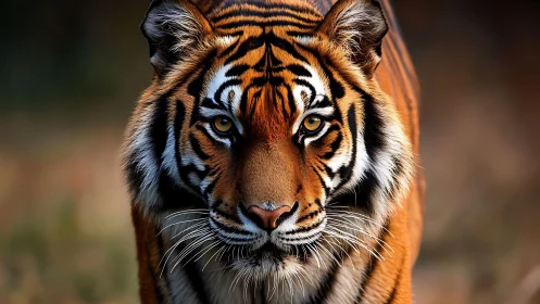 Burnished jungle tiger strides forward in amber hush.