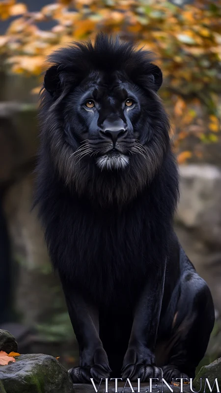 Black-maned lion sits centrally in shallow-depth portrait