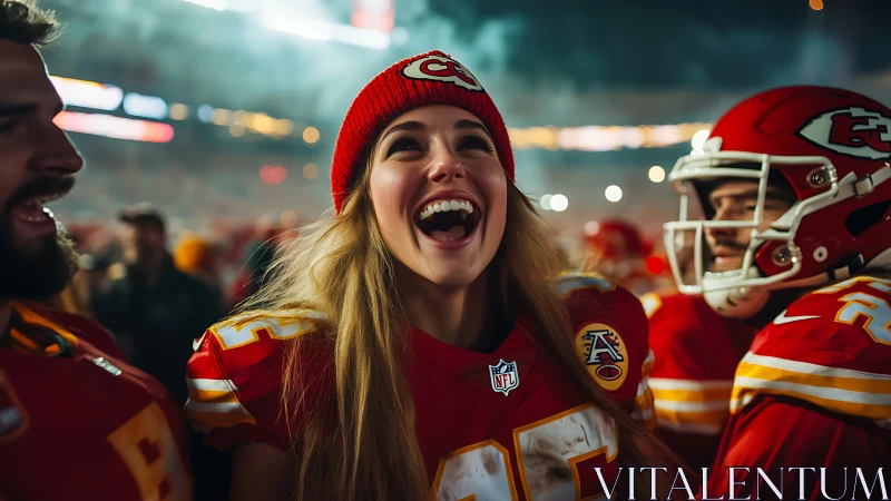 NFL sidelines scene with smiling person in Chiefs gear.