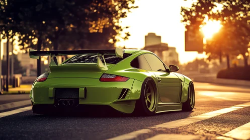 Sunlit lime-green sports coupe poised on empty city street.